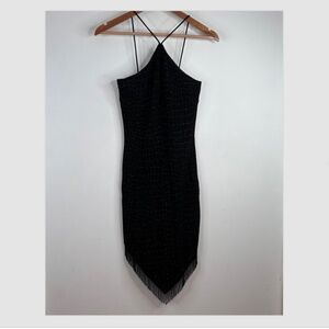 Vintage Cache Dress 6 Black Beaded Fringe Mini Gatsby 20s Homecoming Wedding 90s